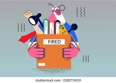 Unhappy old man with box with personal belongings fired from work in office. Upset mature male employee or worker frustrated with job dismissal. Pension and retirement. Vector illustration. 