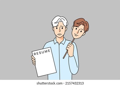 Unhappy Old Man With Mask Of Young Self Hold Resume Seek For Employment. Upset Mature Specialist Or Worker Suffer From Ageism At Workplace. Age Discrimination. Vector Illustration. 