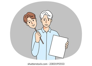 Unhappy old man with mask of young self hold resume seek for employment. Upset mature specialist or worker suffer from ageism at workplace. Age discrimination. Vector illustration.