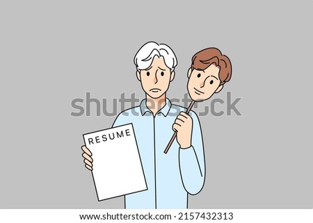 Unhappy old man with mask of young self hold resume seek for employment. Upset mature specialist or worker suffer from ageism at workplace. Age discrimination. Vector illustration. 
