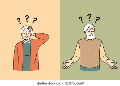 Unhappy old man and woman with question marks above head suffer from Alzheimer disease. Confused mature grandparents frustrated struggle with dementia. Brain problem. Vector illustration. 