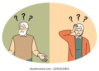 El anciano infeliz y la mujer con signos de interrogación por encima de la cabeza padecen la enfermedad del Alzheimer. Los abuelos maduros confundidos frustraron la lucha con la demencia. Problema cerebral. Ilustración vectorial.