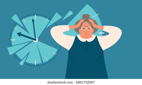 An Unhappy Old Woman Holds Her Head With Her Hands, She Suffers From Dementia, Loss Of Memory,  Dial Of Watch Falls Apart Behind Her