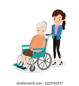 Unhappy old woman in a wheelchair and andry girl,elderly female character isolated on white background,flat vector illustration