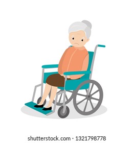 Unhappy old woman in a wheelchair,elderly female character isolated on white background,flat vector illustration