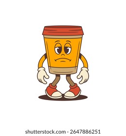 Mascote laranja infeliz da xícara de café com tampa vermelha olhando para baixo tristemente com os braços abaixados. Adequado para marcas emocionais, cartazes ou conteúdo com tema de café. Ilustração vetorial