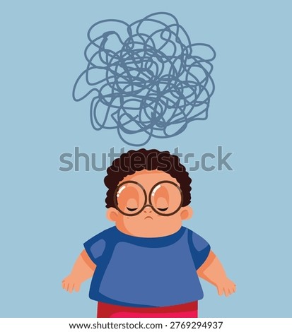 Unhappy Overweight Boy Thinking Negative Through Vector Illustration. Stressed pre-teen kid feeling desperate and sad