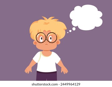 
Unhappy Overweight Boy Thinking Vector Cartoon Illustration. Stressed child feeling pensive and overwhelmed 
