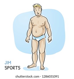 Unhappy, overweight man looking sad. Fitness studio, healthy nutrition and weight loss. Hand drawn cartoon sketch vector illustration, whiteboard marker style coloring. 