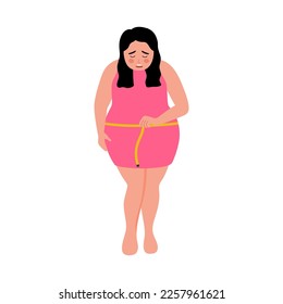 Unhappy overweight woman with measuring tape in flat design on white background.