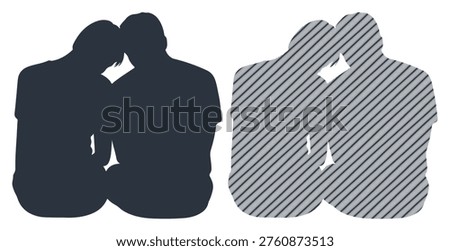 Unhappy pair grieving, emotional support, man and woman together, hatched line drawing.