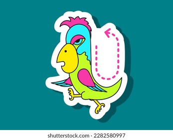 An unhappy parrot walking in a circle. Vector flat funny sticker.