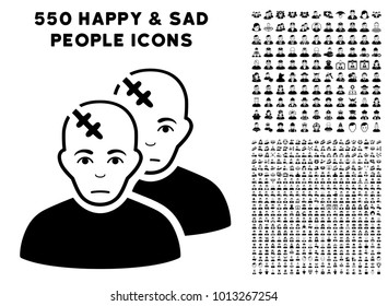 Unhappy Patients pictograph with 550 bonus pitiful and glad men icons. Vector illustration style is flat black iconic symbols.