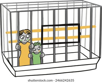 Unhappy People in bird cages against the bars