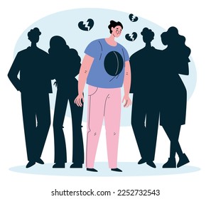Unhappy people characters with broken heart and mental problems feeling bad in crowd. Separation and breakup concept. Vector design graphic illustration