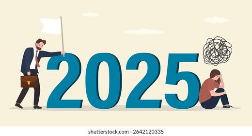 Unhappy people near 2025 year. Problems, business failures. Businessman stands with a white flag, give up, surrender. Woman loser in stress and difficulties. Overcoming obstacles in 2025. flat vector
