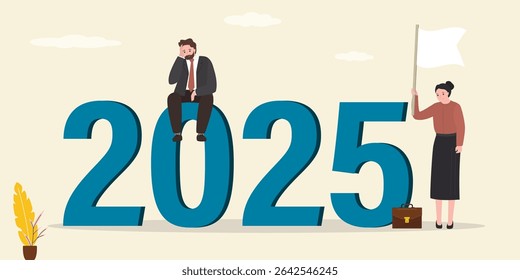 Pessoas infelizes perto de 2025 ano. Problemas, falhas de negócios. Empresária fica com bandeira branca, desista, se renda. Perdedor homem em estresse e dificuldades. Superação de obstáculos em 2025. vetor plano