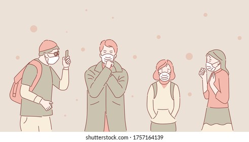 Unhappy people in protective face masks because of air pollution vector cartoon outline illustration. Man and woman coughing, boy checking air quality index on the smartphone.