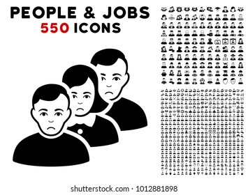 Unhappy People Queue icon with 550 bonus pitiful and glad person pictograms. Vector illustration style is flat black iconic symbols.