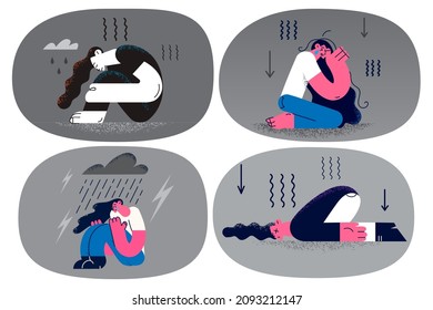 Unhappy person cry depress struggle with depression. Upset sad woman feel stressed broken have mental disorder or nervous breakdown. Bullying and harassment. Flat vector illustration. Set.