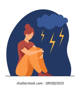 Unhappy person feeling stressed and depressed. Woman suffering from depression. Flat vector illustration. Anxiety, emotional disorder concept for banner, website design or landing web page