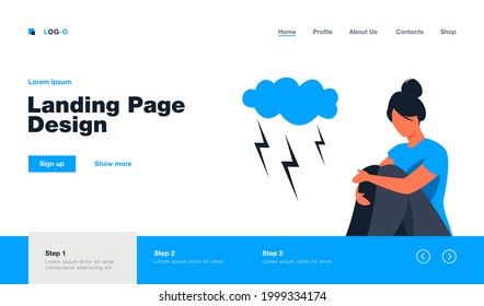 Unhappy person feeling stressed and depressed. Woman suffering from depression. Flat vector illustration. Anxiety, emotional disorder concept for banner, website design or landing web page