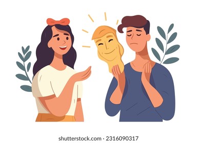 Una persona infeliz que esconde una emoción muy molesta. El hombre triste finge ser feliz, todo está bien. Sensación, máscara sonriente falsa disfrazada. Ilustración vectorial gráfica plana aislada en fondo blanco.