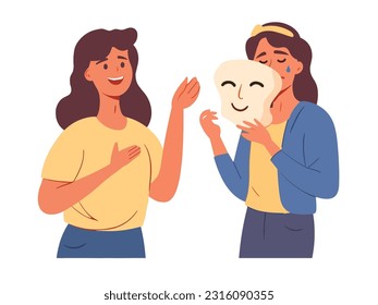 Unhappy person hiding real upset emotion Sad woman pretending happy, everything is okay. Feeling, disguised fake smiling mask. Flat graphic vector illustration isolated on white background.