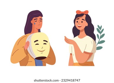 Una persona infeliz que esconde una emoción muy molesta. Una mujer triste que finge ser feliz, todo está bien. Sensación, máscara sonriente falsa disfrazada. Ilustración vectorial gráfica plana aislada en fondo blanco.