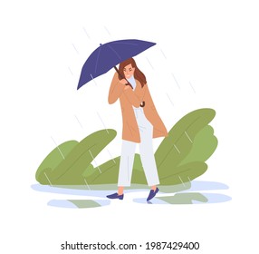 Unhappy Person Holding Umbrella, Walking Under Heavy Rain. Bad Rainy And Windy Weather Concept. Woman Wading Through Puddles In Rainfall. Colored Flat Vector Illustration Isolated On White Background