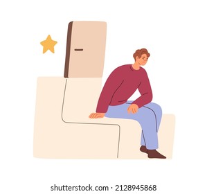 Unhappy person in trouble giving up. Sad hopeless man in fear dont try to leave comfort zone. Desperate pessimist losing hope. Psychology concept. Flat vector illustration isolated on white background