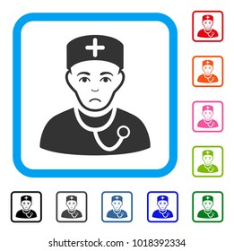 Unhappy Physician vector pictogram. Human face has unhappy sentiment. Black, gray, green, blue, red, orange color versions of physician symbol inside a rounded frame.