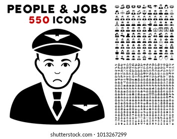 Unhappy Pilot icon with 550 bonus pity and happy jobs images. Vector illustration style is flat black iconic symbols.