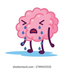 Lloros de cerebro rosado infelices, divertidos sistemas nerviosos humanos caricaturas de órganos vectores Ilustración sobre fondo blanco