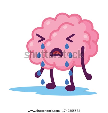 Unhappy Pink Brain Crying, Funny Human Nervous System Organ Cartoon Character Vector Illustration on White Background