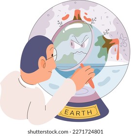 Unhappy planet is suffering from heat. Global warming concept with sweating globe sitting in glass sphere above water. Ecological disaster sick Earth. Idea of climate change and danger for ecology