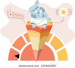 Unhappy planet is suffering from heat. Global warming concept with sweating globe sitting in sauna with thermometer. Ecological disaster sick Earth. Idea of climate change and danger for ecology