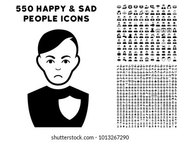 Unhappy Police Officer pictograph with 550 bonus pity and glad person symbols. Vector illustration style is flat black iconic symbols.