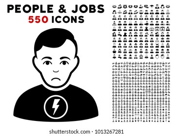 Unhappy Power Man icon with 550 bonus pitiful and glad user pictures. Vector illustration style is flat black iconic symbols.