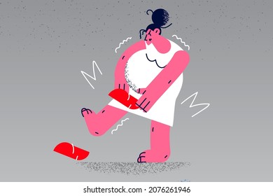 Unhappy pregnant woman feel stressed try wear shoes. Upset future mother on last month or pregnancy bend dressing up. Mot to be problems concept. Motherhood difficulty. Vector illustration. 