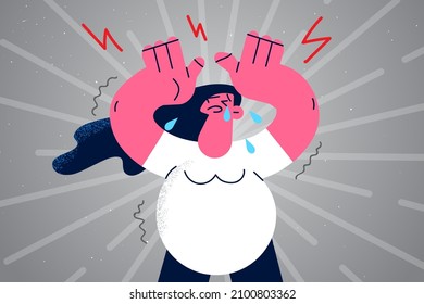 Unhappy pregnant woman feel stressed cry suffer from depression or anxiety. Upset stressed female with belly have hormonal imbalance during pregnancy. Healthcare. Flat vector illustration. 