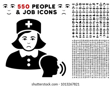 Unhappy Psychotherapist Nurse Talking icon with 550 bonus pitiful and glad men clip art. Vector illustration style is flat black iconic symbols.