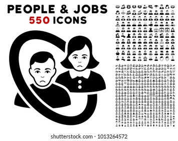 Unhappy Ringed People Couple pictograph with 550 bonus pitiful and happy people pictographs. Vector illustration style is flat black iconic symbols.