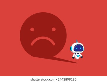 Unhappy robot standing with shadow sad face emoji. Negative attitude. Flat vector illustration.  