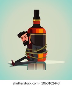 Unhappy sad alcoholic man character chained tied to whiskey vodka beer drink bottle. Alcoholism addict problem dependence bad habit. Vector flat cartoon isolated illustration