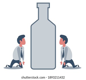 Unhappy sad alcoholic man character with a drink bottle. Alcoholism addict problem dependence bad habit. Vector flat cartoon isolated illustration