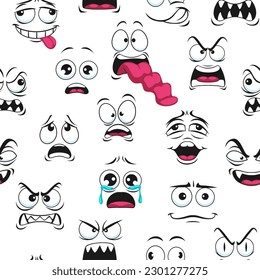 Unhappy, sad and angry faces seamless pattern. Fabric or wrapping paper funny background, textile print or vector backdrop with cartoon scared, angry creaming, crying and fullish face expressions