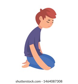 Unhappy Sad Boy Kneeling on Floor, Depressed, Lonely, Anxious, Abused Teenager Having Problems Vector Illustration