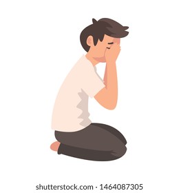 Unhappy Sad Boy Sitting on Floor and Closed Face by Hands, Depressed Teenager Having Problems Vector Illustration