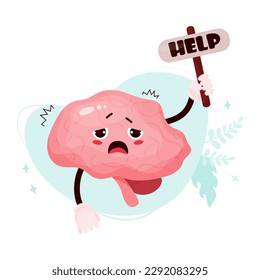 Unhappy sad cartoon brain. Cute character human organ is sick, suffering and asking for help. Vector illustration. Central nervous system organ mascot